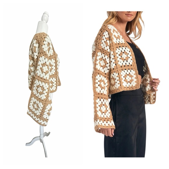 Elan Crochet Cardigan XS Tan White Granny Square Sweater Cropped Bloomingdale’s - Picture 2 of 11